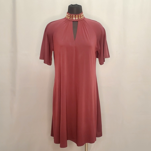 Michael Kors Burgundy Dress Gold Studs Collard Elephant Ears Sleeves Size S - Picture 7 of 13